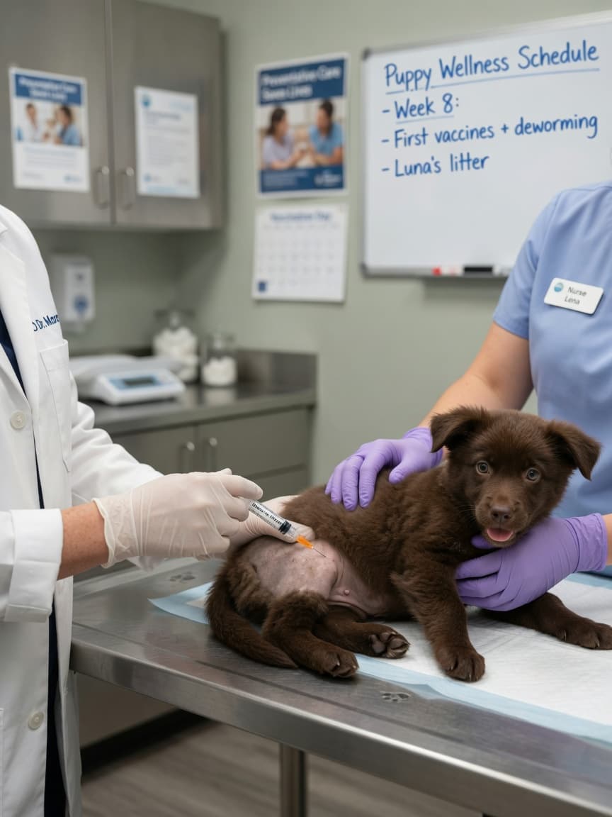 Veterinarian administering a vaccine injection to a young puppy during a preventative health appointment