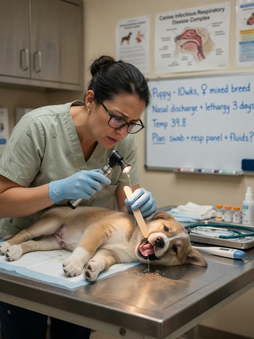 Veterinarian examining a lethargic puppy with nasal discharge during a clinical examination for suspected canine herpesvirus infection