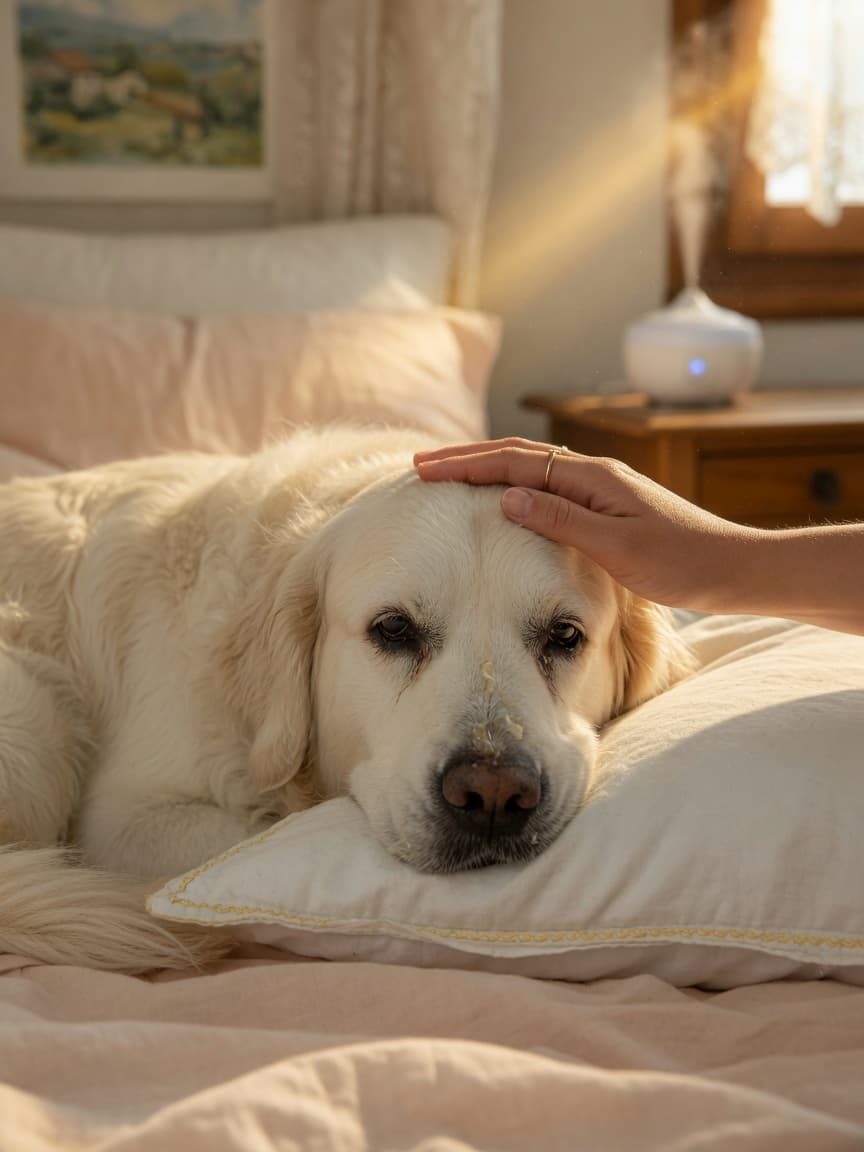 Sick Golden Retriever resting in bed with watery eyes and nasal discharge, owner's hand checking for fever, humidifier running nearby