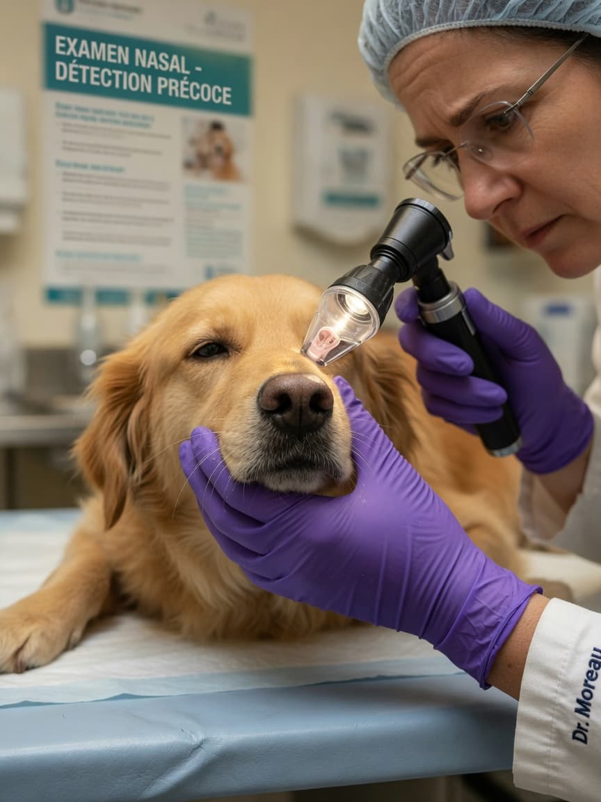 Veterinarian performing nasal examination on a dog with an otoscope during clinical diagnosis