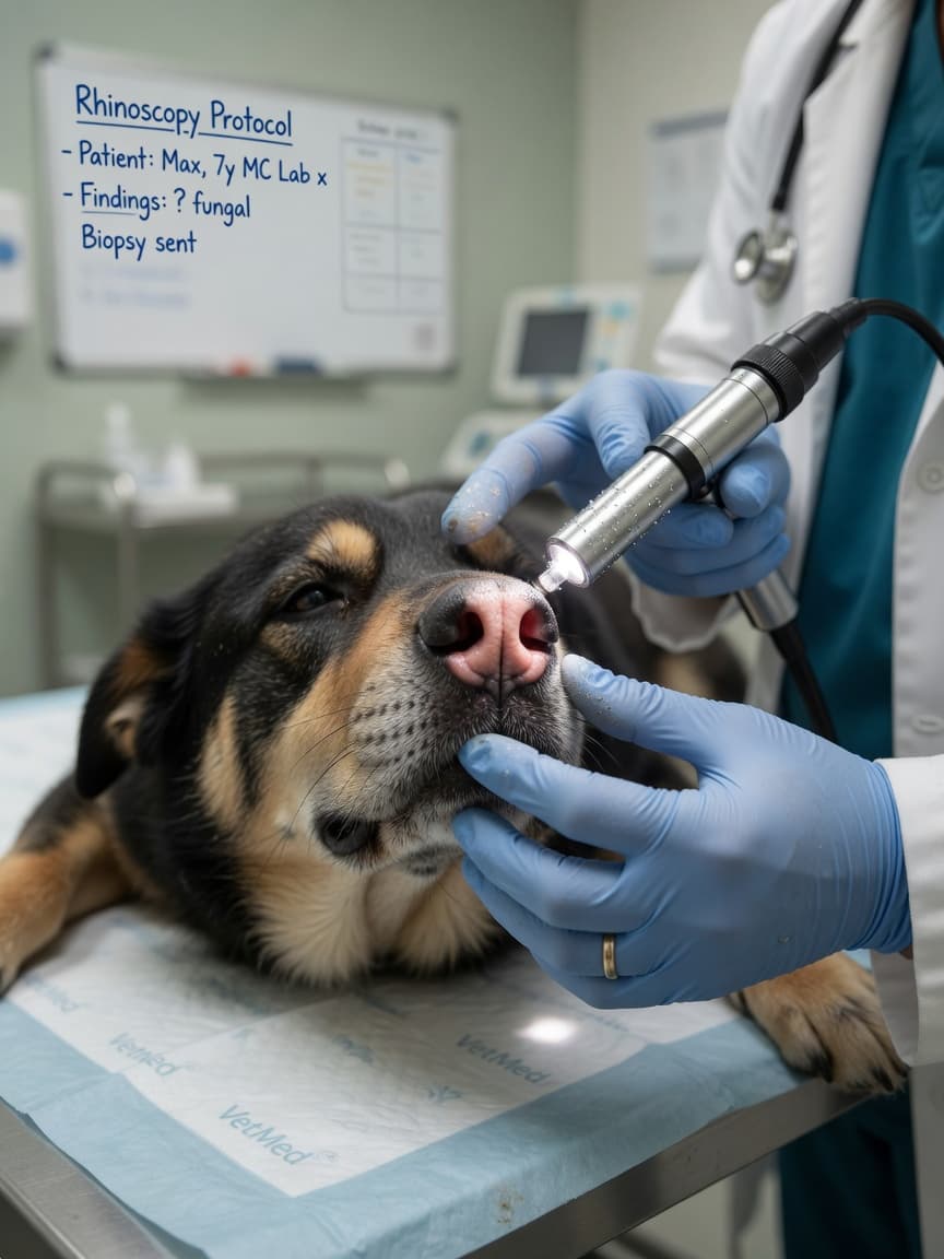 Veterinarian performing rhinoscopy examination on a dog's nasal passages to diagnose nasal mites