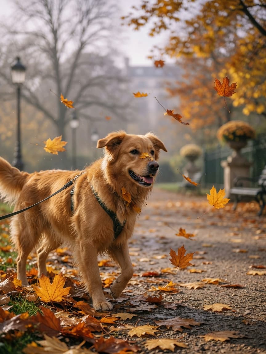 Healthy dog with gleaming coat walking through autumn leaves in a misty European park
