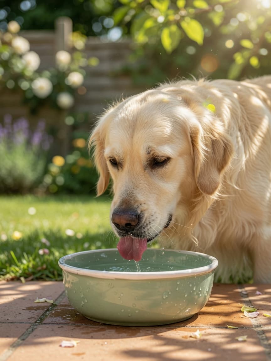 Golden retriever drinking water from a bowl in a sunny garden during summer