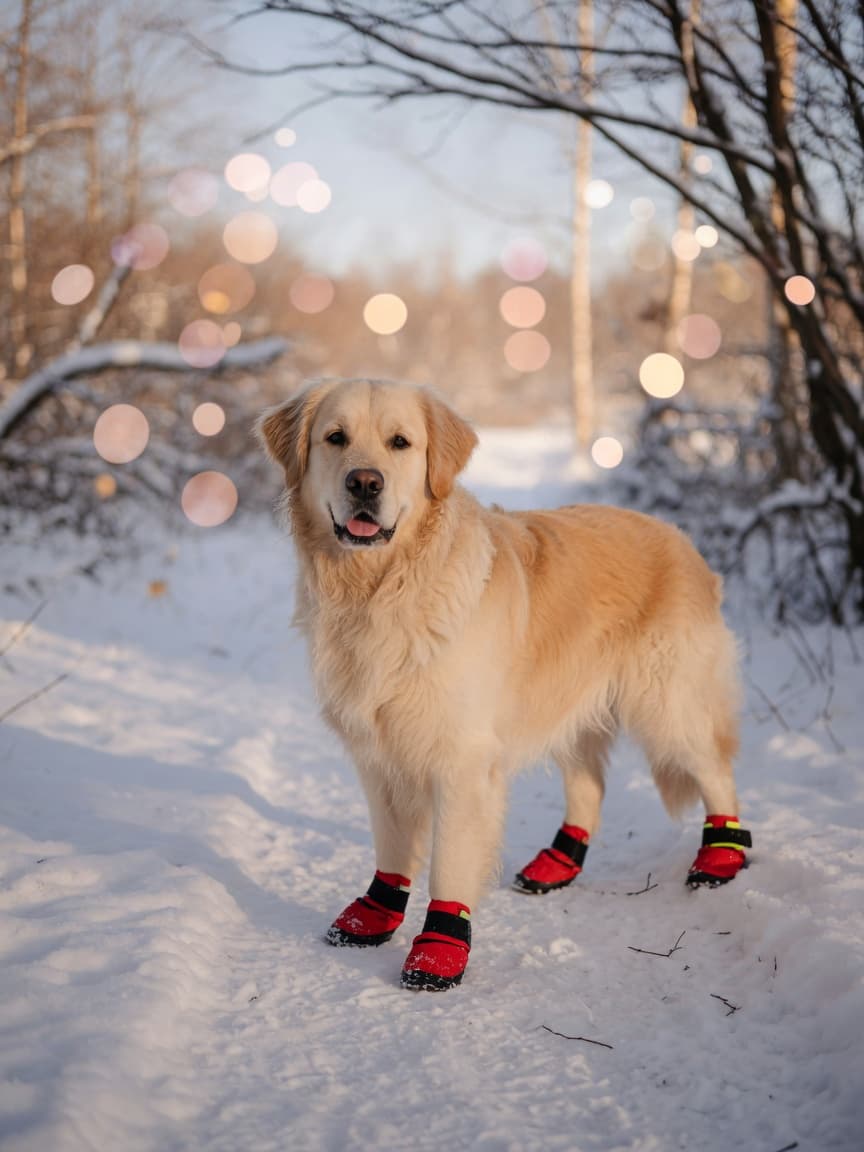 Golden retriever wearing protective winter booties standing on a snowy winter path