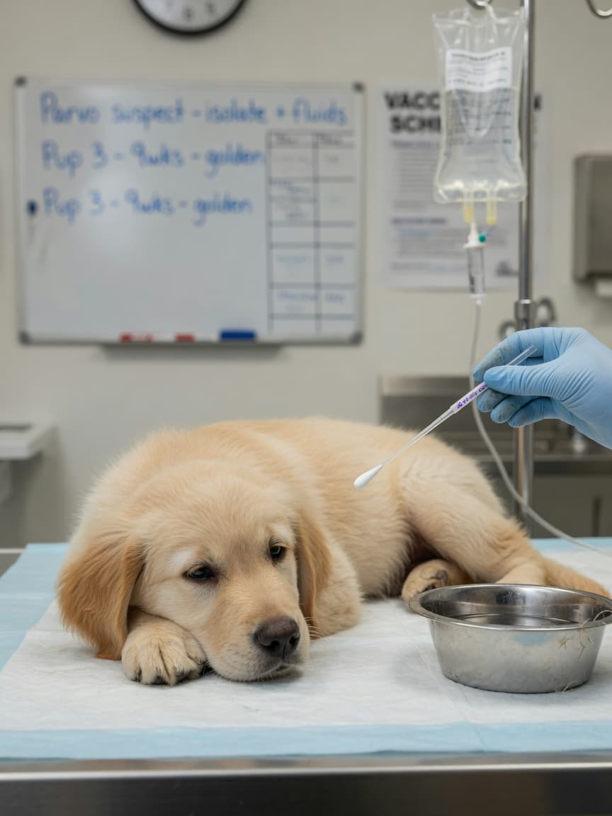 Veterinarian collecting a faecal sample from a weak, dehydrated golden retriever puppy on an examination table for parvovirus testing