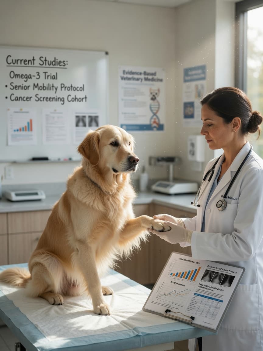 Veterinarian performing health screening on golden retriever in modern clinic setting
