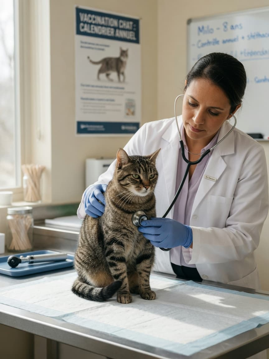 Veterinarian examining a tabby cat with a stethoscope during an annual health check
