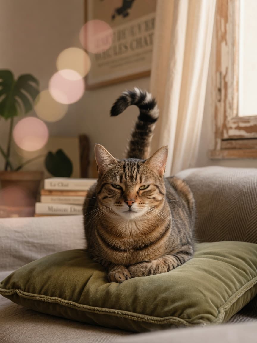 Tabby cat with raised tail and forward ears performing a slow blink of trust toward the camera