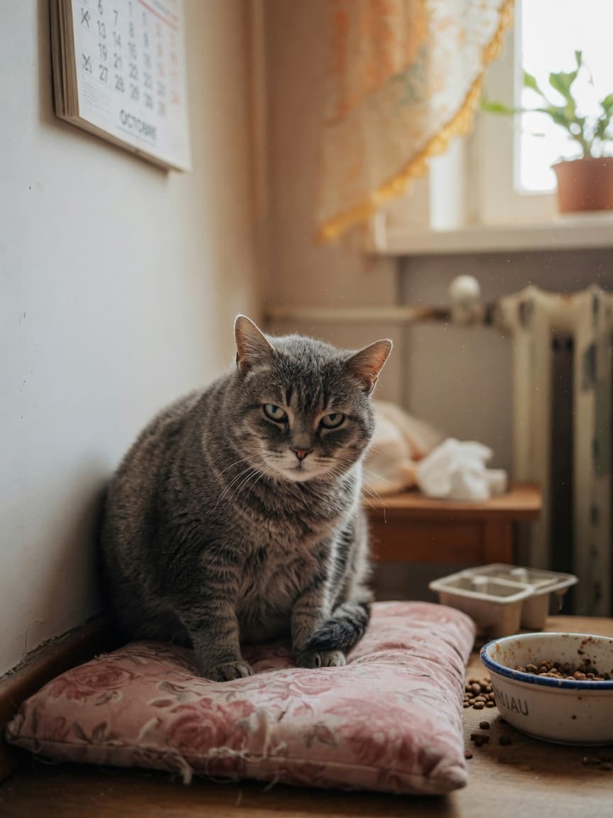 Senior tabby cat with cloudy eyes staring blankly at a wall, appearing confused and disoriented indoors