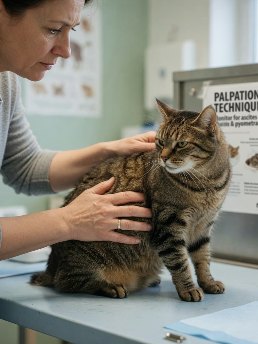 Cat owner examining distended abdomen of tabby cat on veterinary examination table