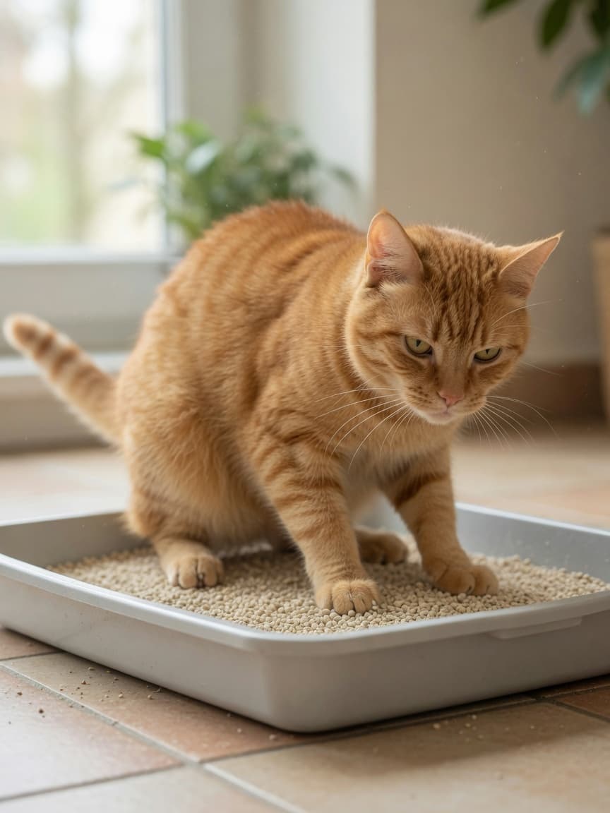 Orange tabby cat in litter tray showing signs of feline idiopathic cystitis with strained expression