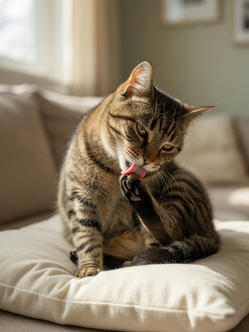 Tabby cat grooming itself on a cushion with natural window light