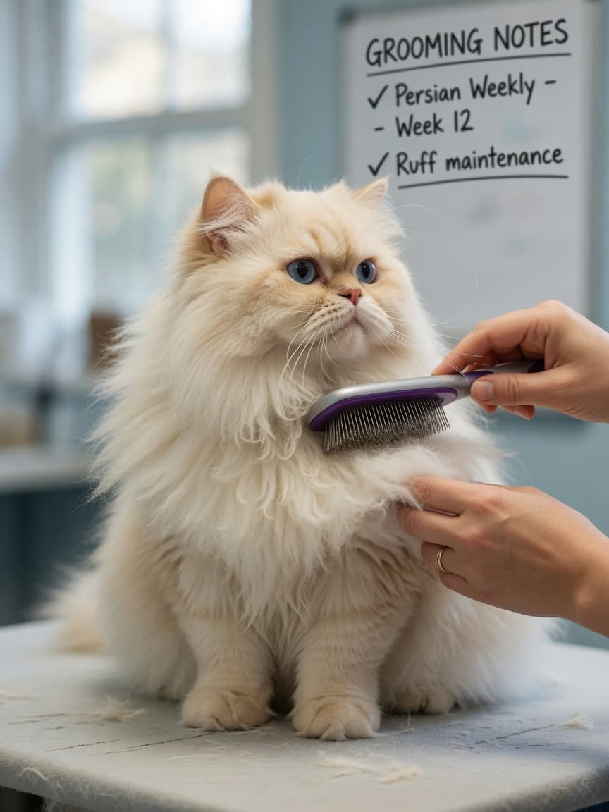 Owner gently brushing a long-haired Persian cat's coat on a grooming table with professional technique