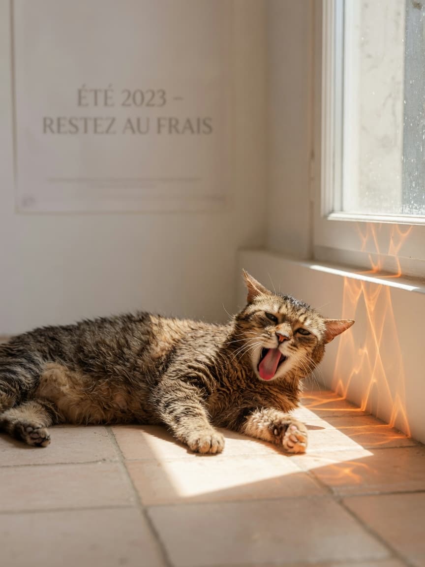 Distressed tabby cat panting in a hot, sunlit room during heat stroke emergency