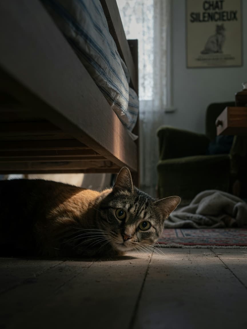 Tabby cat hiding under a bed, peeking out cautiously from the shadows with alert eyes