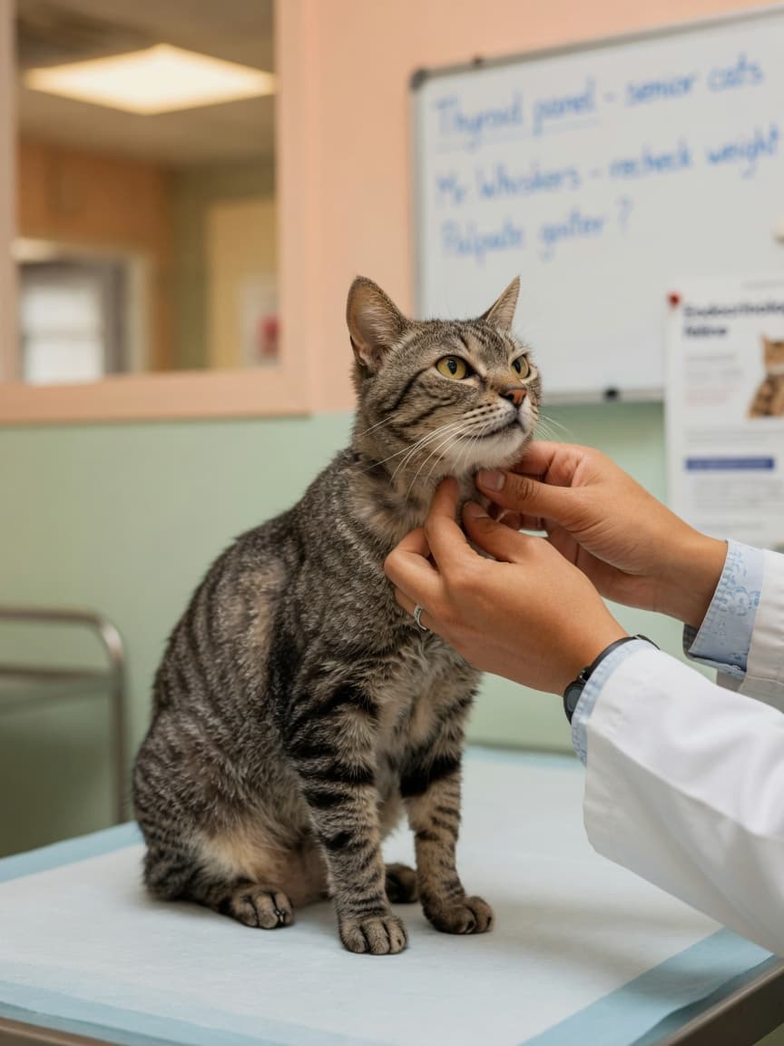 Veterinarian palpating a senior tabby cat's neck to examine the thyroid gland during examination