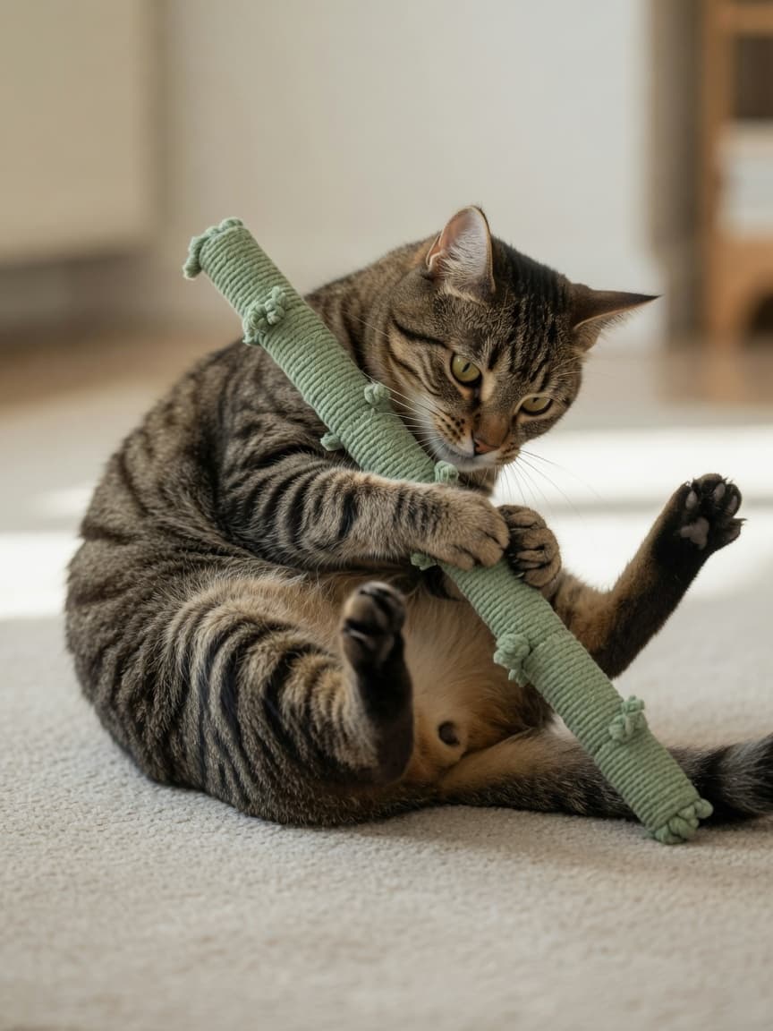 Tabby cat performing a bunny kick on a cylindrical kicker toy, front paws gripping while back legs kick rapidly