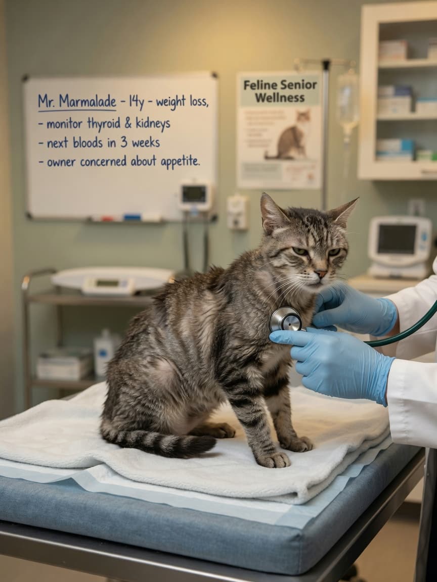 Senior tabby cat being examined by veterinarian during kidney disease screening