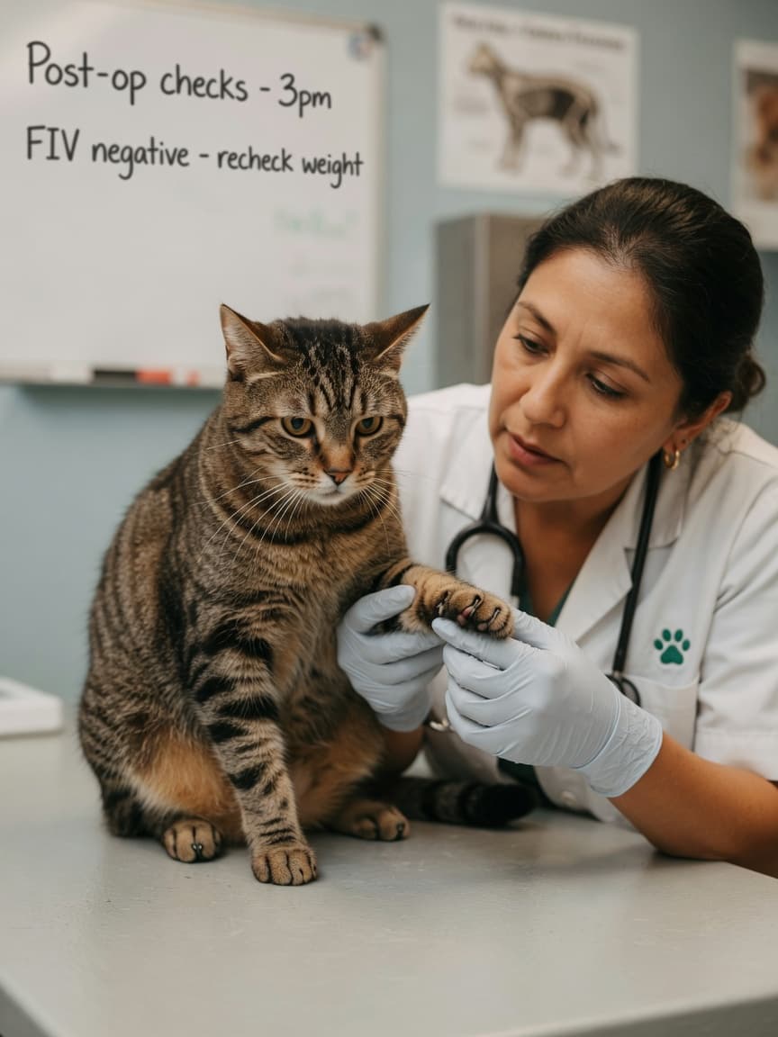 Veterinarian gently examining a limping tabby cat's paw on an examination table to assess for injury