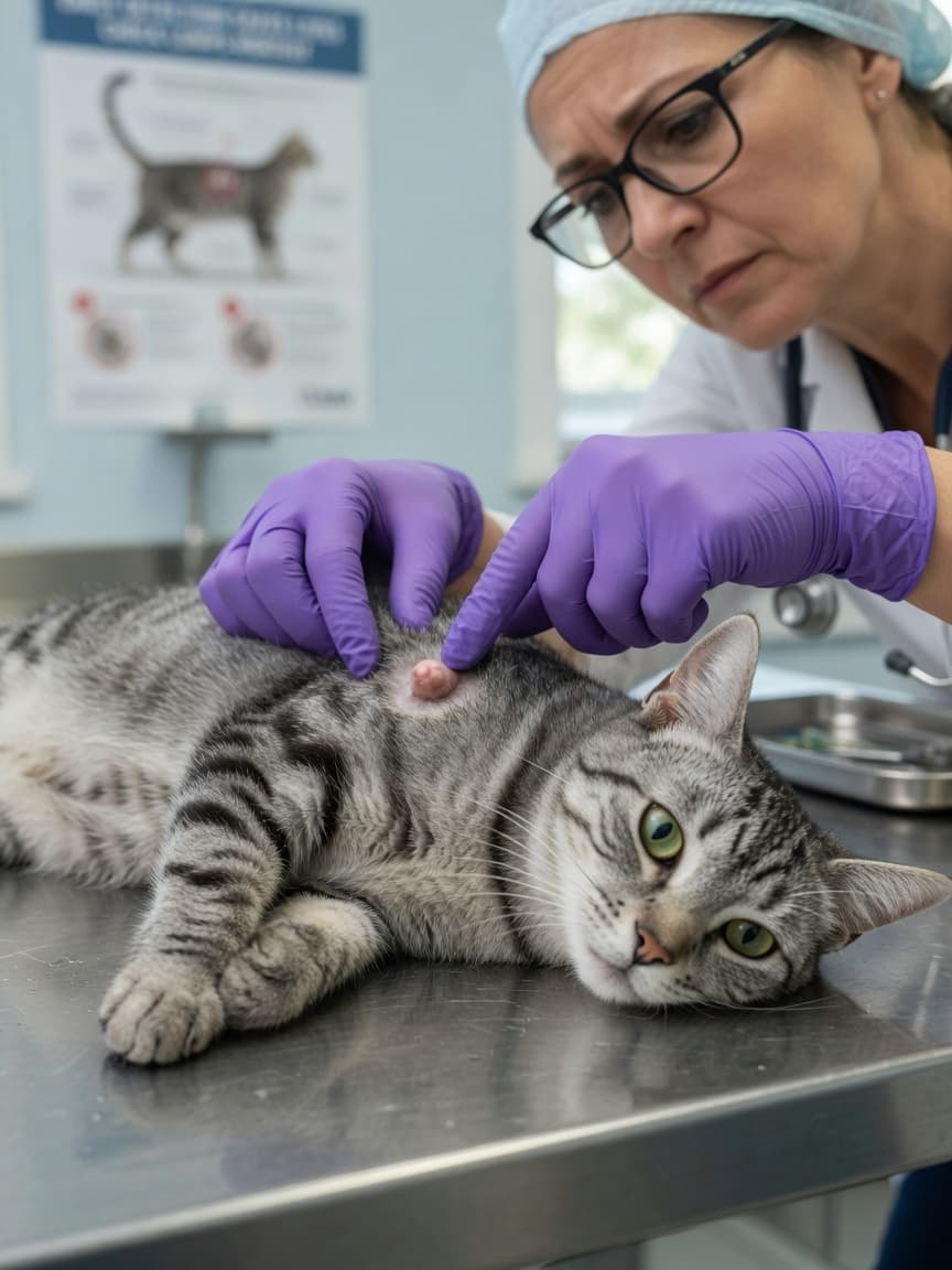 Veterinarian's gloved hands examining a lump on a tabby cat's shoulder during a clinical examination