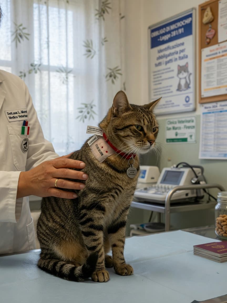 A tabby cat on a vet examination table with a veterinarian's hand showing the microchip implant site, representing mandatory Italian pet identification