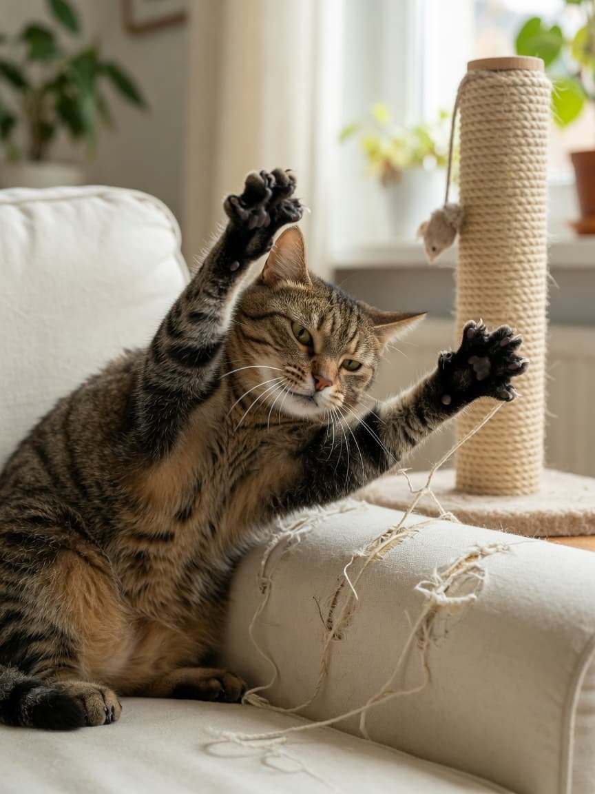 Tabby cat actively scratching a cream sofa with visible claw marks, ignoring a sisal scratching post nearby