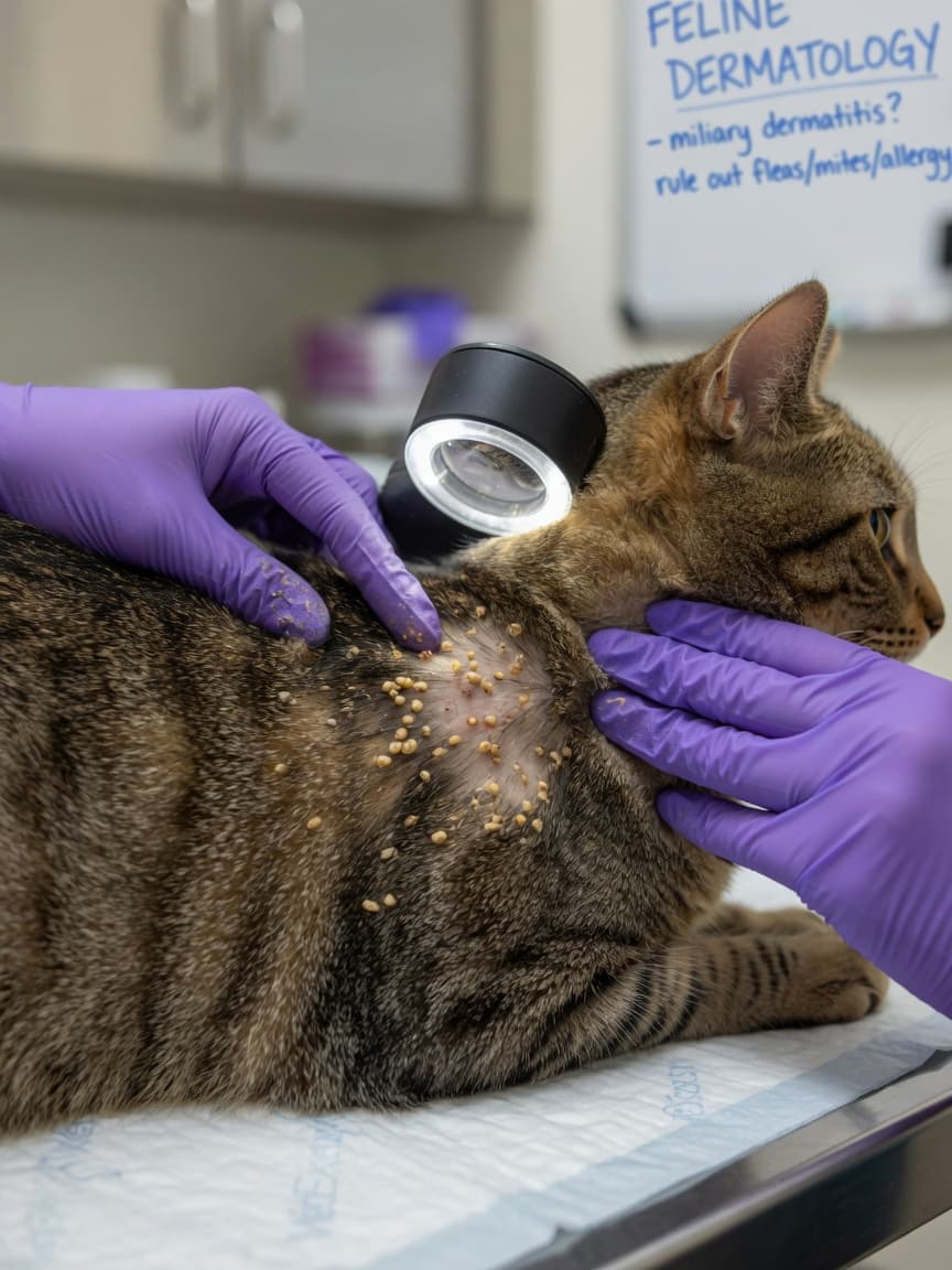 Veterinarian examining a cat's skin condition with a dermatoscope, revealing millet-like crusty bumps characteristic of miliary dermatitis