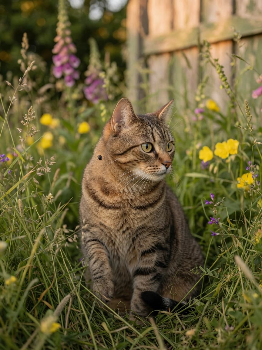 A tabby cat in tall grass with a tick visible behind its ear, illustrating how cats encounter ticks in outdoor environments