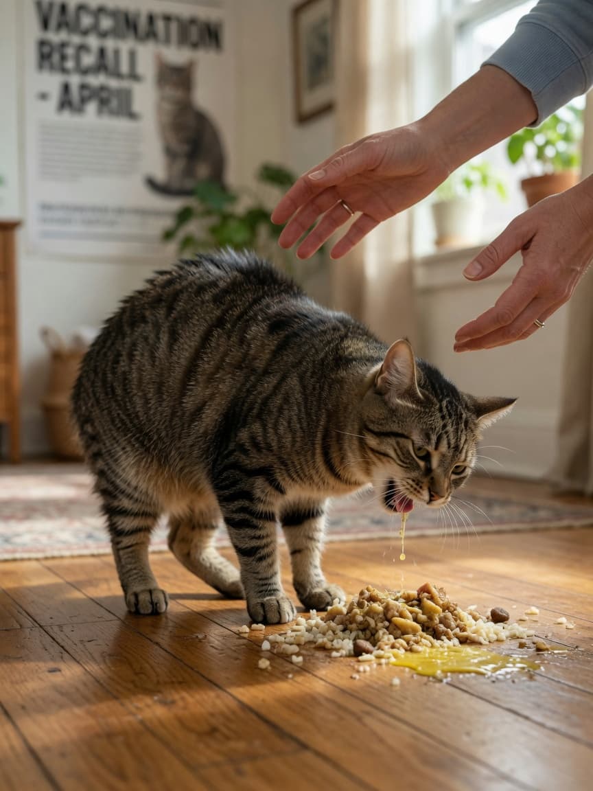 Tabby cat vomiting with hunched body posture showing active retching effort over a hardwood floor, with owner hands nearby and partially digested food visible