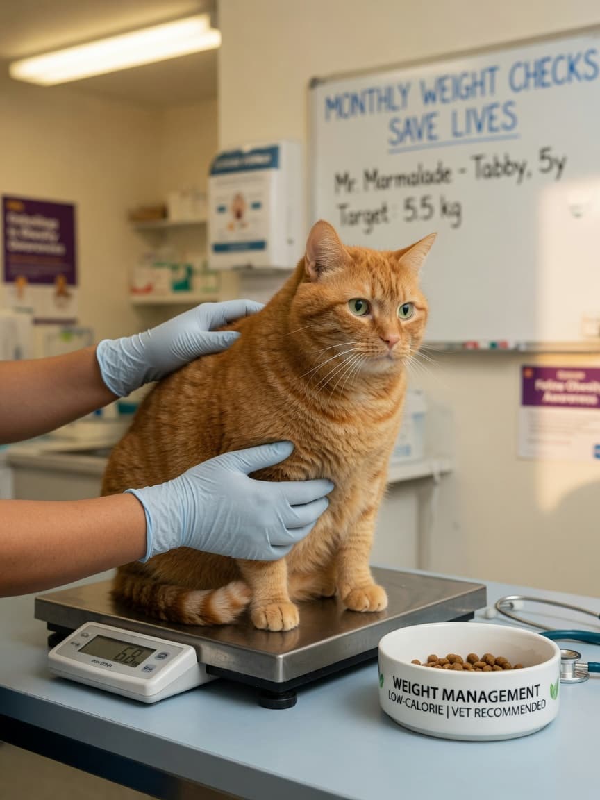 Orange tabby cat being weighed at veterinary clinic during weight management consultation