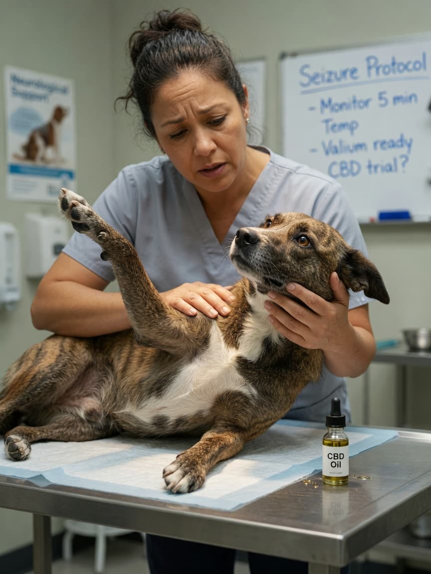 Veterinarian's hands gently supporting a seizing dog during examination, with a CBD oil vial on the clinic table