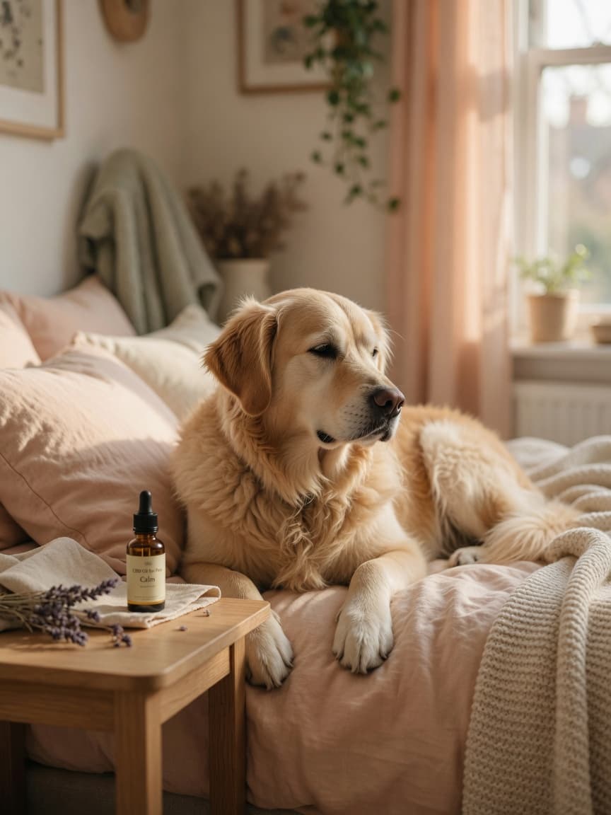 Calm dog resting peacefully on a soft bed beside a bottle of CBD oil in natural window light, representing anxiety relief
