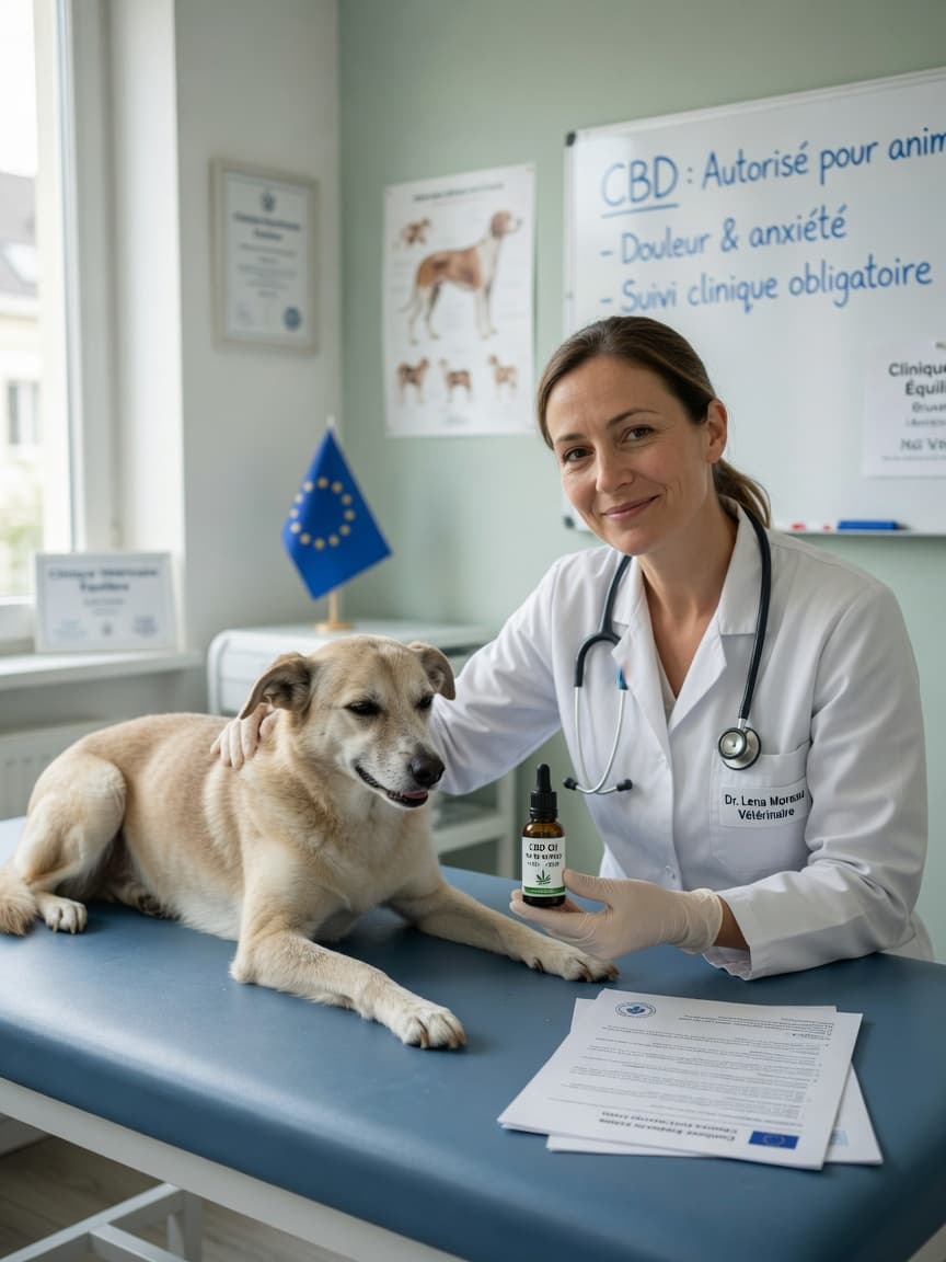 Veterinarian holding a CBD oil bottle during a pet consultation, representing the legal and regulatory framework for CBD pet products in Europe.