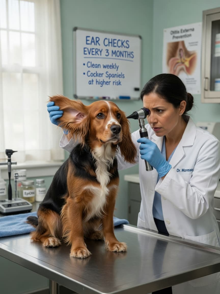 Veterinarian examining a Cocker Spaniel's ear with an otoscope during a routine health check
