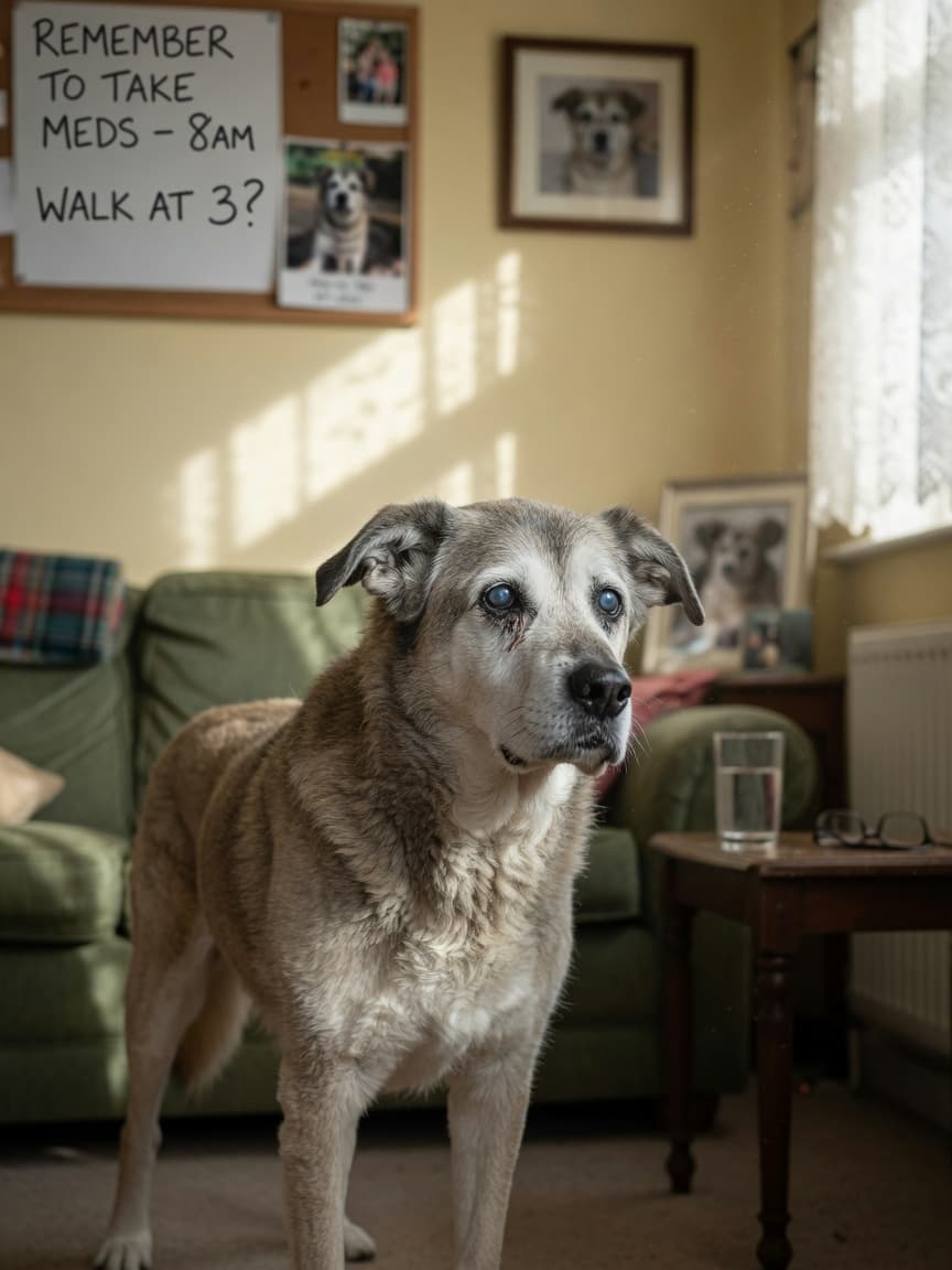 Elderly senior dog with greying muzzle standing confused in a home, staring blankly at a wall with disorientation visible in posture