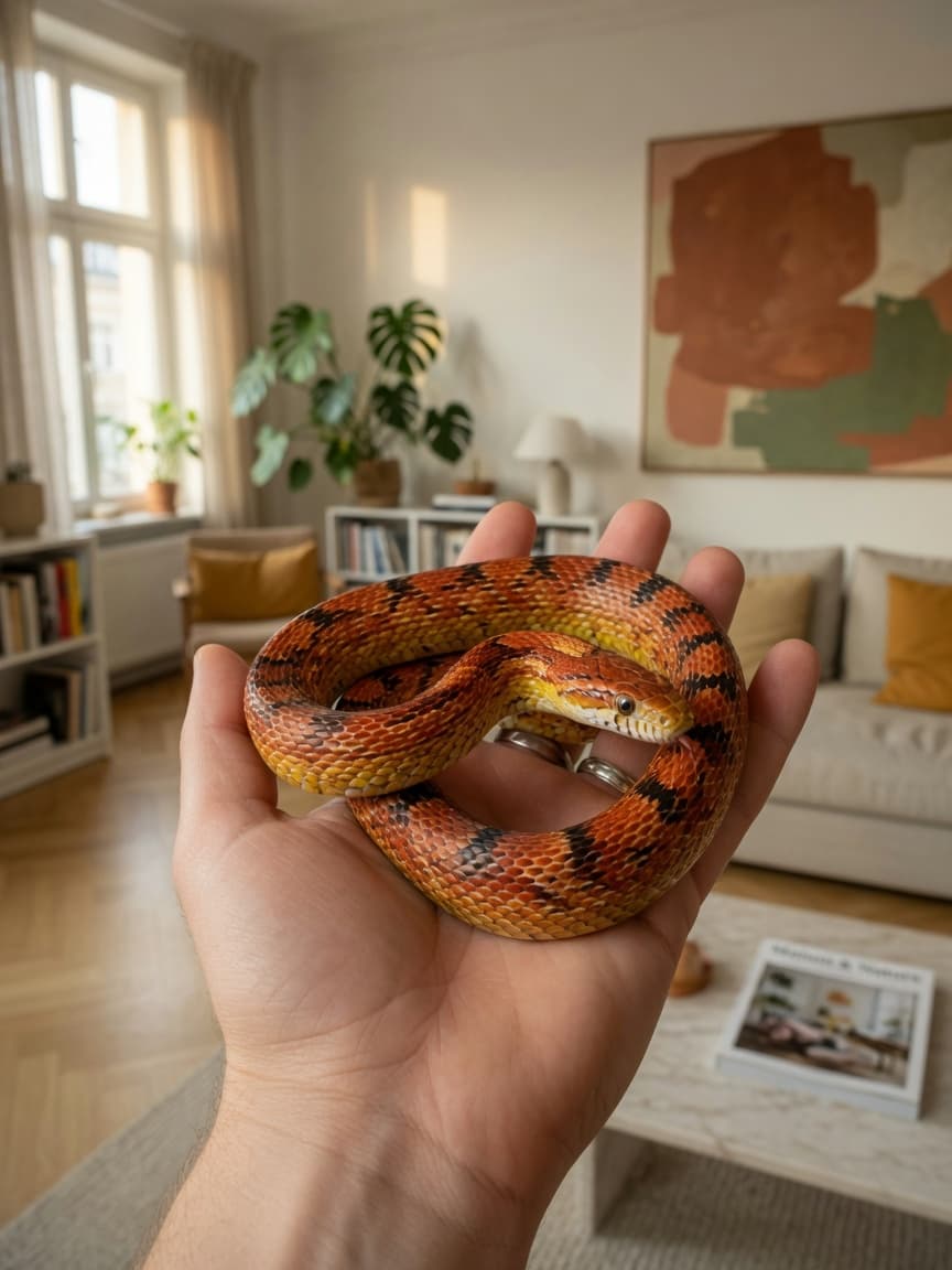 A healthy corn snake with orange-red and yellow coloration being gently held in a keeper's hand, showing its docile nature