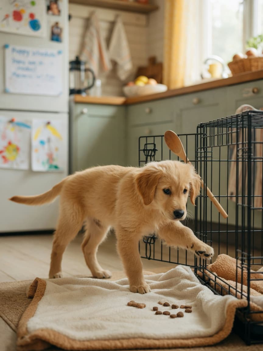 Puppy approaching open crate with treats inside in a bright, family-friendly kitchen setting