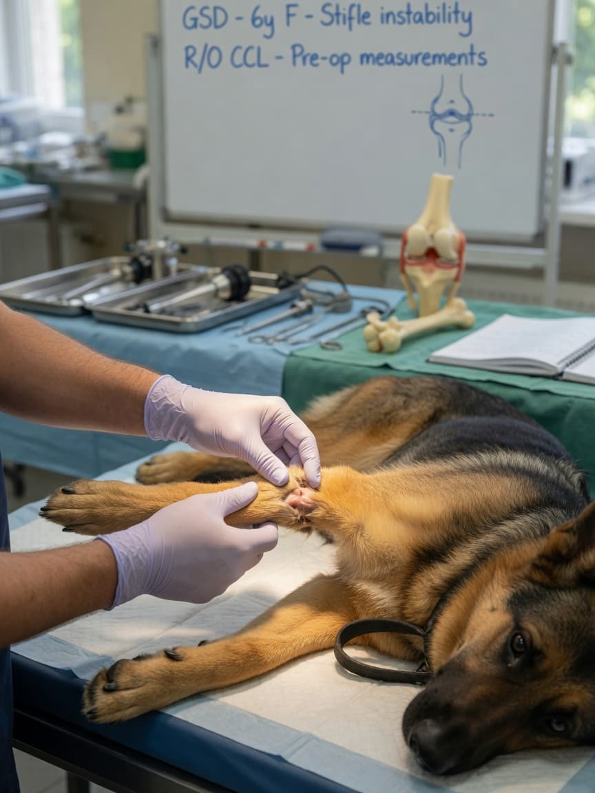 Veterinary surgeon examining a German Shepherd's knee joint during orthopedic assessment for cruciate ligament injury