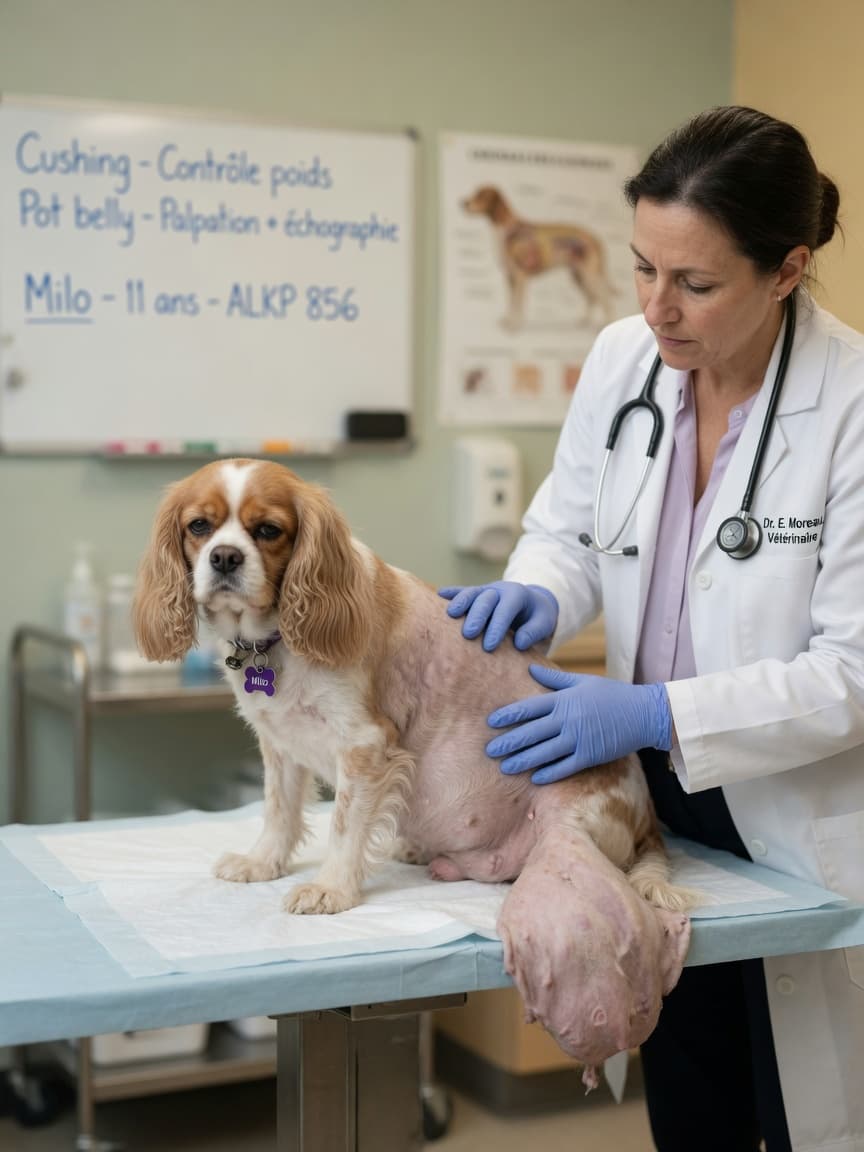 Senior Cavalier King Charles spaniel with visible signs of Cushing's disease being examined by a veterinarian on an examination table
