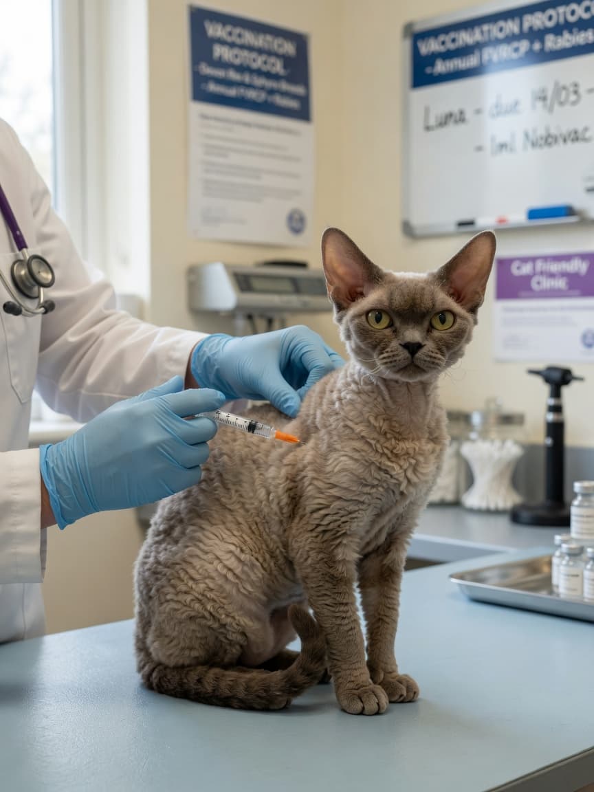 Veterinarian administering vaccine injection to a Devon Rex cat during a careful vaccination protocol