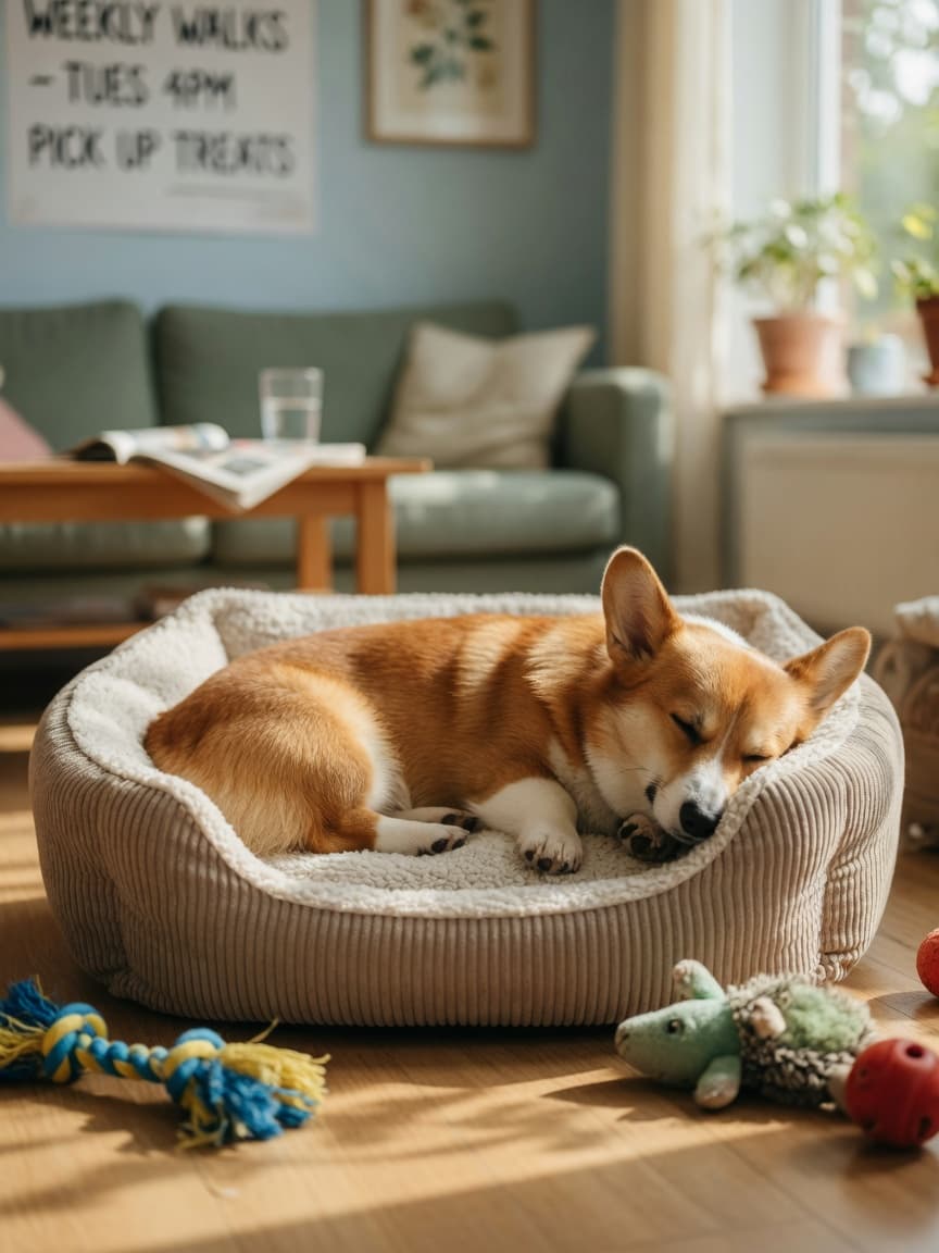 A sleeping red and white Corgi curled up peacefully in a cozy bed with natural sunlight streaming in