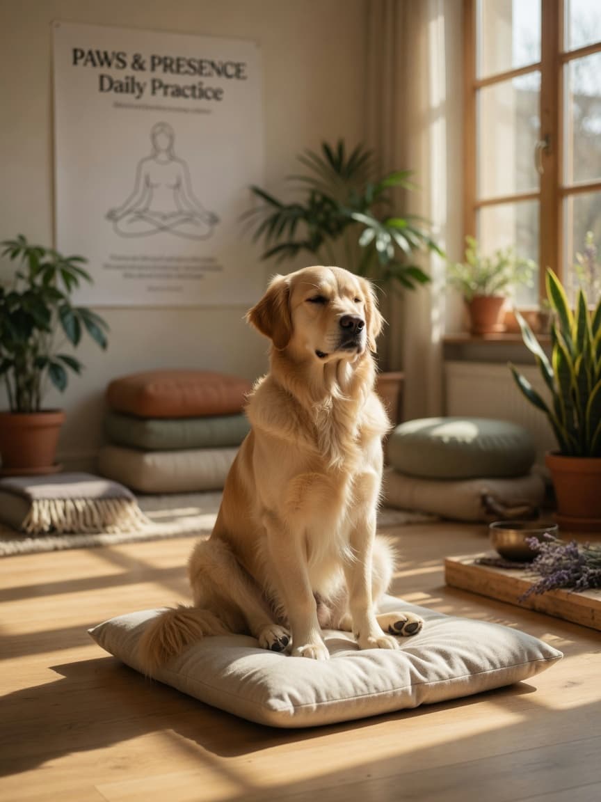 Calm dog in meditation pose with eyes closed, bathed in soft natural sunlight, conveying inner peace and balance