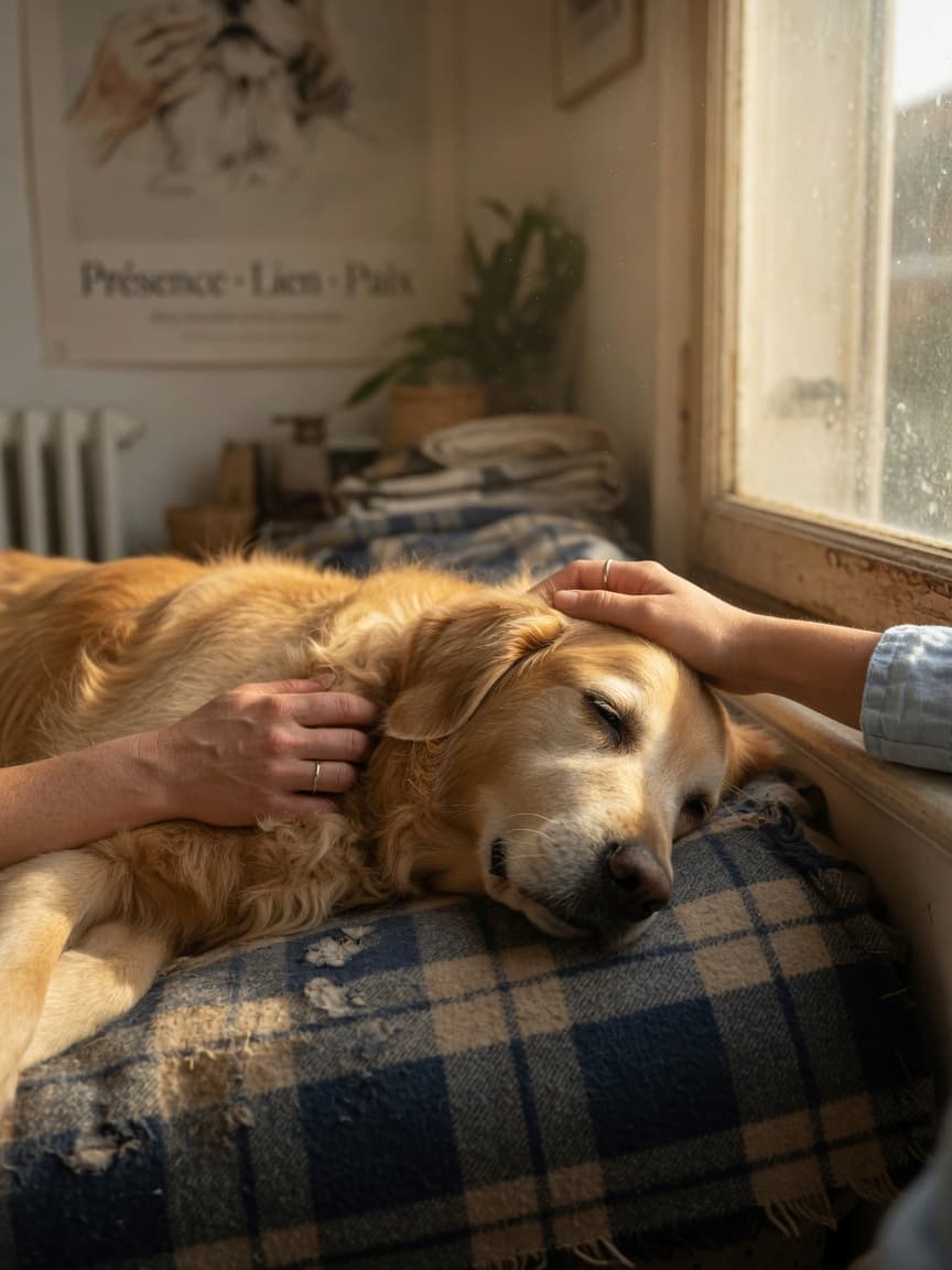 A dog resting on a blanket with owner's hand gently touching them, warm sunlight streaming through window, depicting spiritual connection