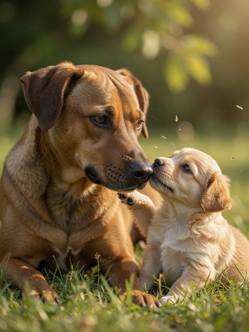 Adult dog sniffing and recognizing a puppy through scent in golden sunlight on grass