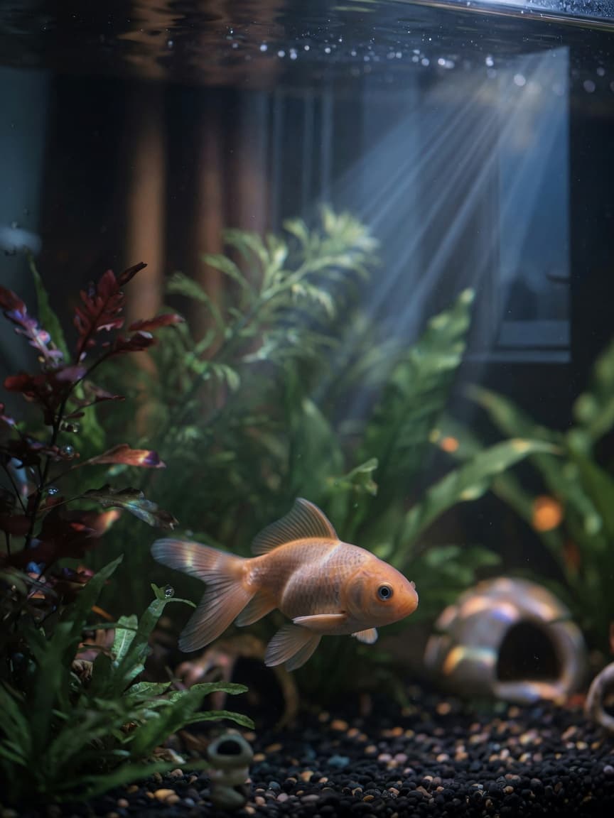 A sleeping goldfish near the bottom of an aquarium among aquatic plants at night, displaying pale coloration and still, restful posture