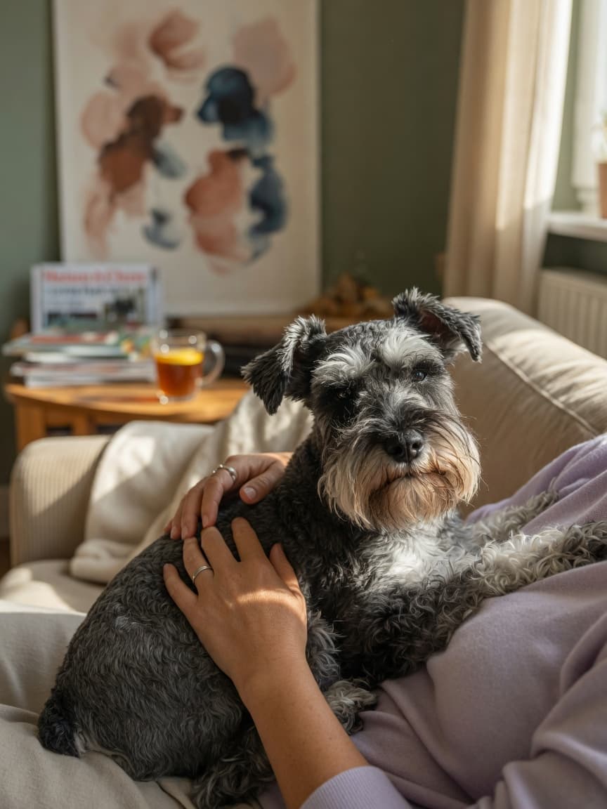 Miniature Schnauzer with salt-and-pepper coat snuggling against owner on sofa in warm afternoon light