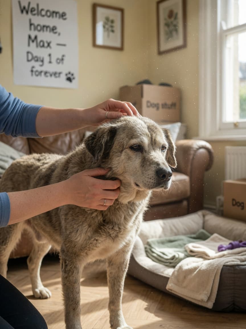 A neglected mixed-breed dog receiving gentle comfort from an owner's hand in a bright living room, symbolizing hope and the start of a fresh beginning.