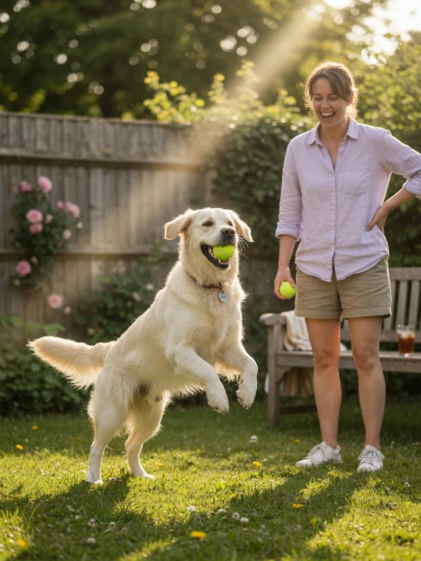 Golden Retriever leaping to catch a tennis ball during outdoor playtime with owner watching in sunny garden