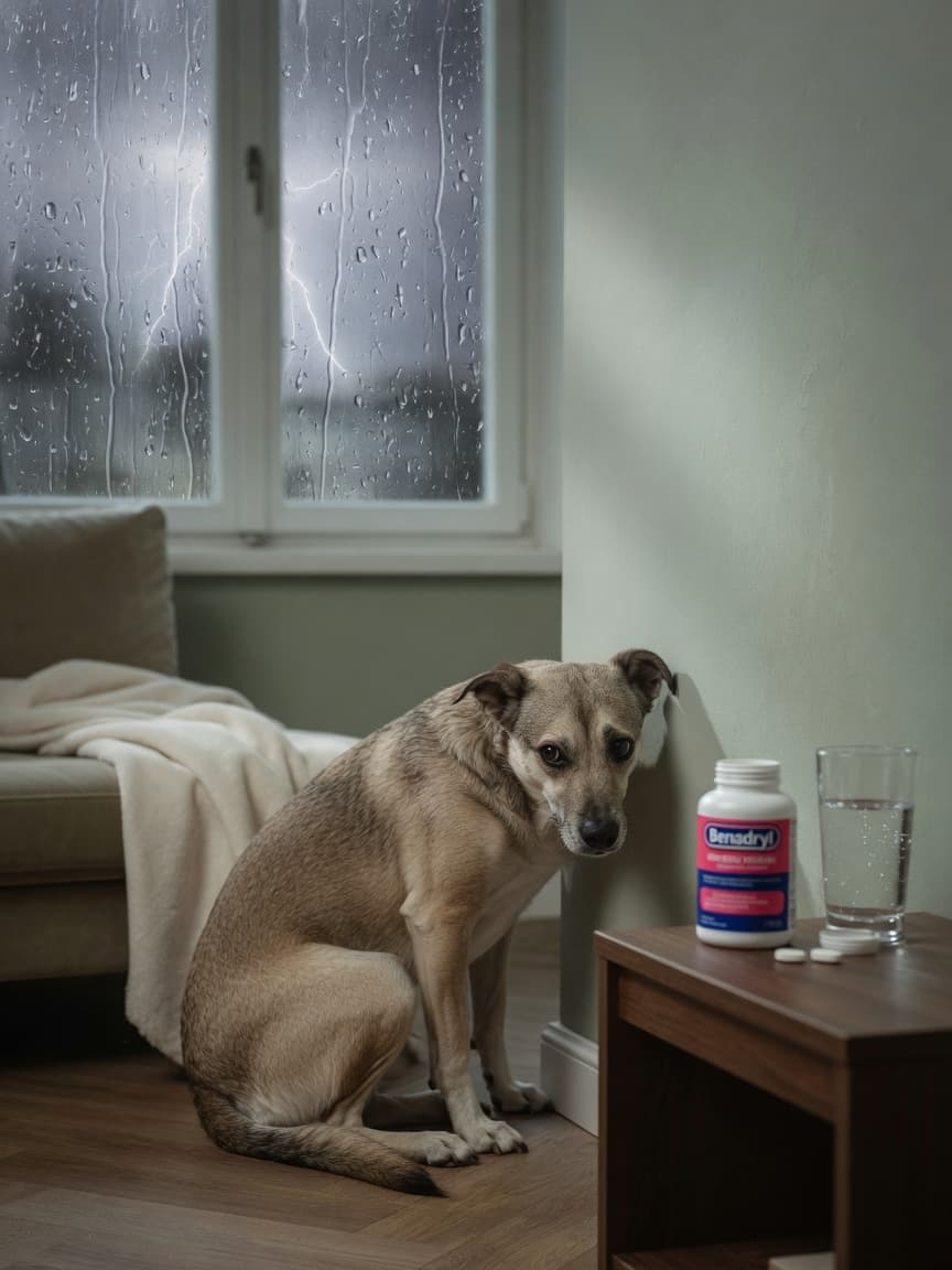 Anxious dog cowering during thunderstorm with Benadryl bottle on side table