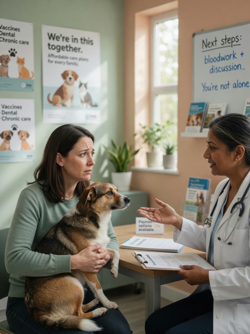 Pet owner with dog consulting veterinarian in clinic about affordable care options